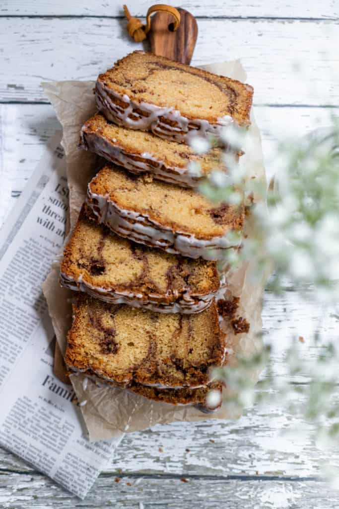 Delicious and Moist Cinnamon swirl loaf cake with swirls of cinnamon.