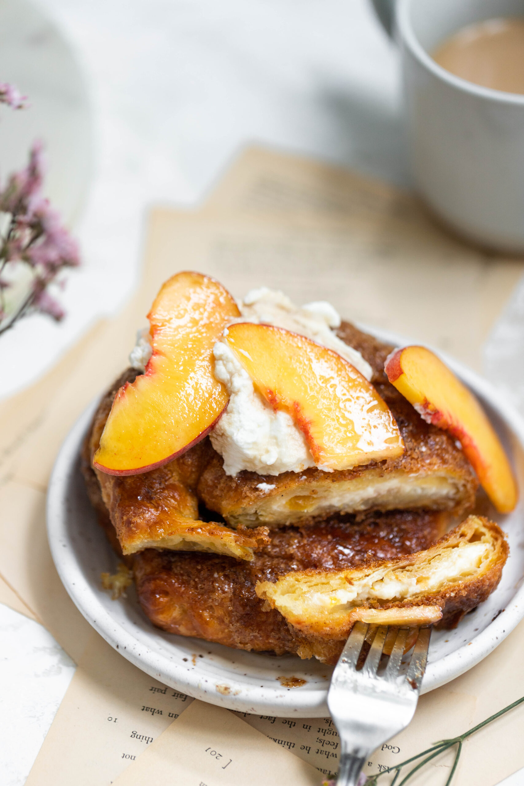 Baked Peaches and Cream Croissant French Toast Lenox Bakery